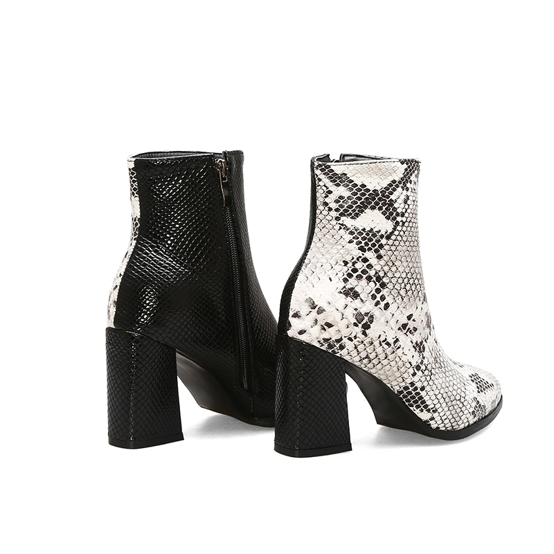 JK Snake Skin Pu Boots Women High Heels Ankle Booties Ladies Zip Shoes Female Emboss Pointed Toe Winter 2020 | Обувь