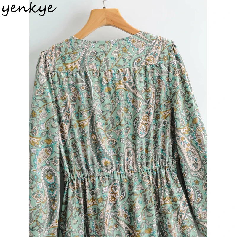 

YENKYE Fashion Women New Spring Vintage Floral Print Dress Lady Long Sleeve V Neck Drawstring Waist Casual Long Dress Plus Size