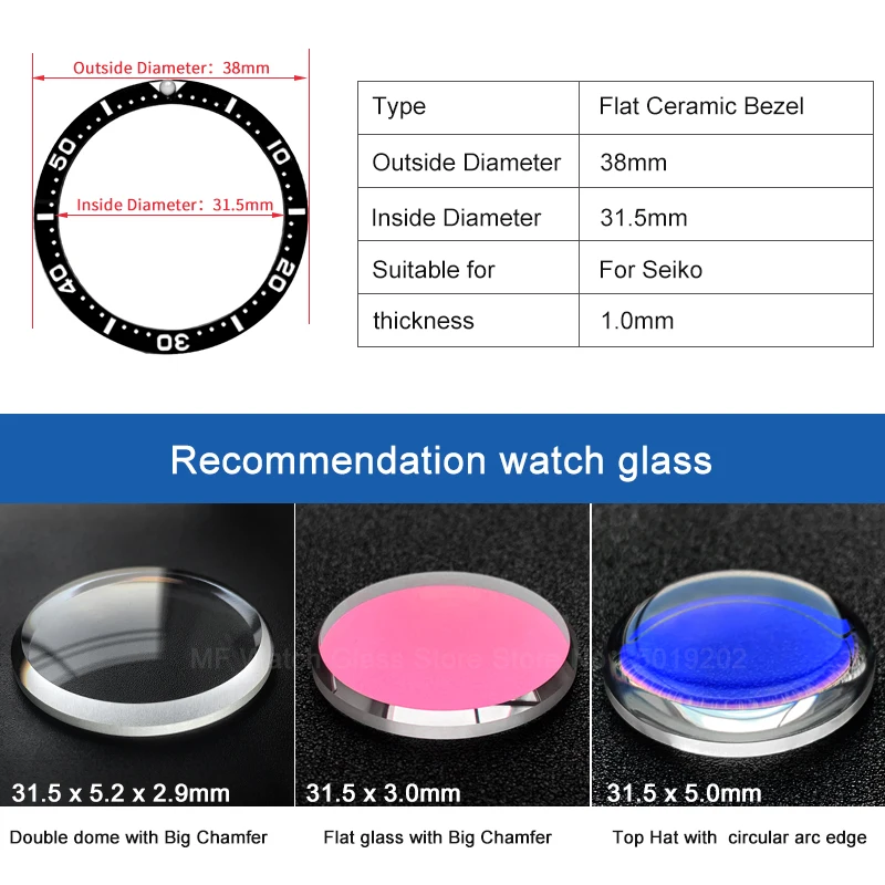 

Flat Ceramic Bezel insert 38*31.5mm Luminous pip at 12 For Seiko SKX007 SKX009 watch parts