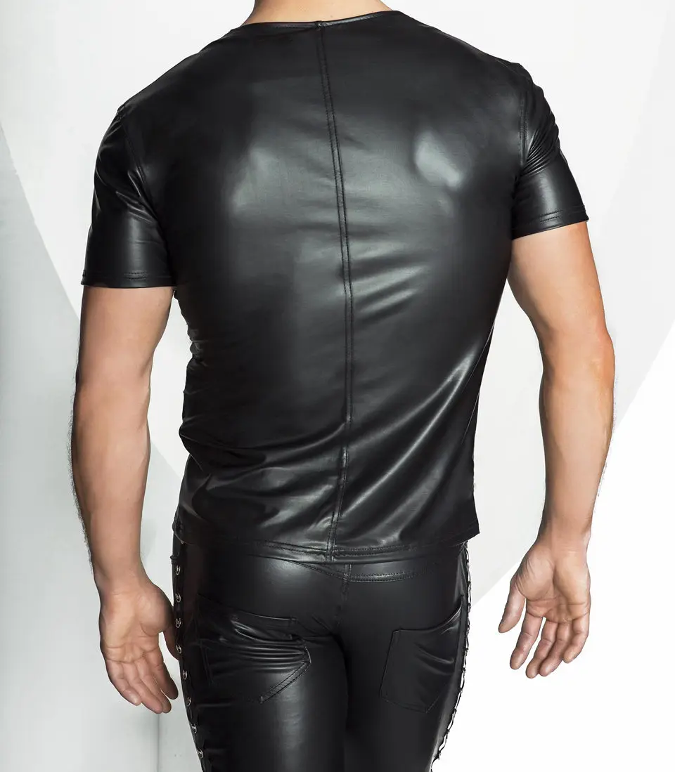 Новый стиль мужские топы из искусственной кожи с прозрачной сеткой футболки