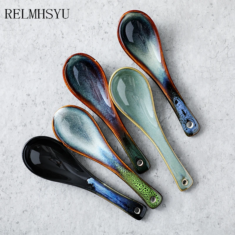 

RELMHSYU Japanese Style Retro Household Kiln Change Rice Soup Noodle Dessert Dinner Spoon Household Restaurant Tableware