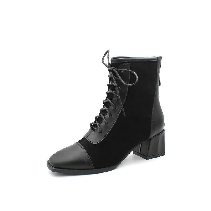 

Ankle Boot Girl 2020 middle heel boot Girl autumn winter versatile thin square head thick heel lace-up Martin boot girl