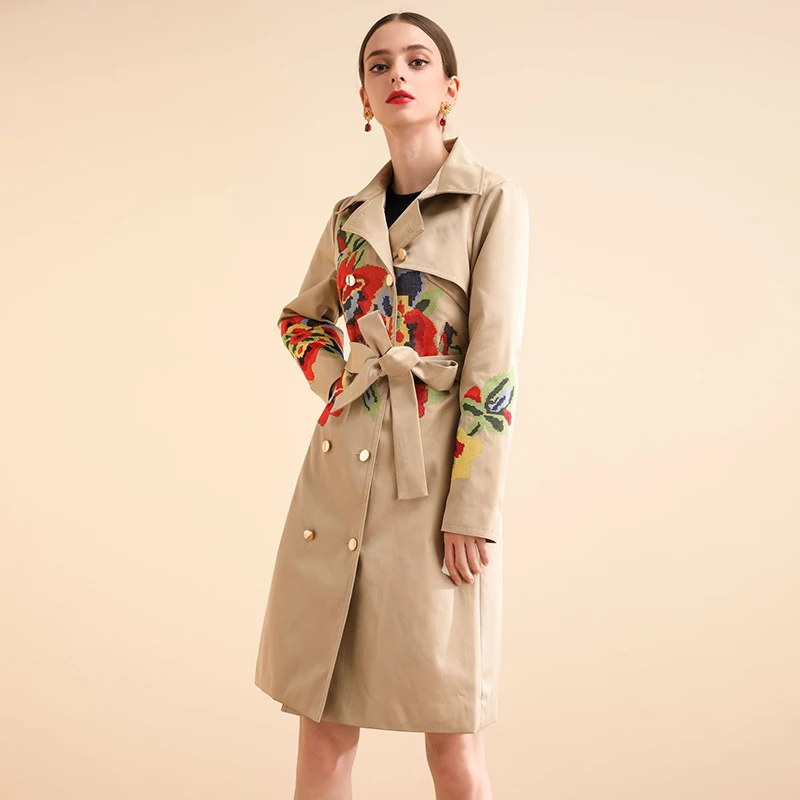 AELESEEN 2020 Spring Office Lady Windbreaker Runway Design Luxury Cross Stiching Floral Embroidery X-Long Coat With Sashes | Женская