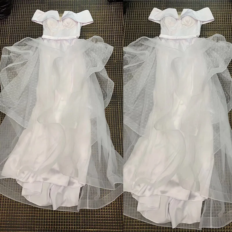 Женское платье с открытыми плечами элегантное белое длинное Сетчатое в стиле