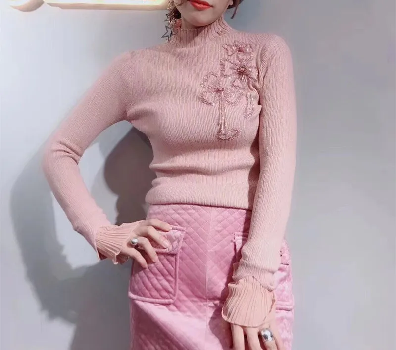 Luxury Diamond Beadings New Long Sleeve Stand Neck Women Sweaters Knitted Sweater tricotado Pullovers For Ladies Work Wear NS862 | Женская