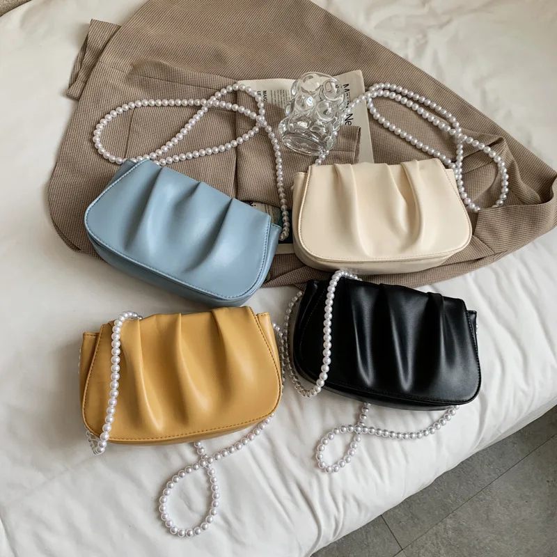 

Summer Pleated Pearl Chain Handlebags For Women PU Cloud Bags Leisure Armpit Bag Shopping Shoulder Bags Dumpling Handbag Female