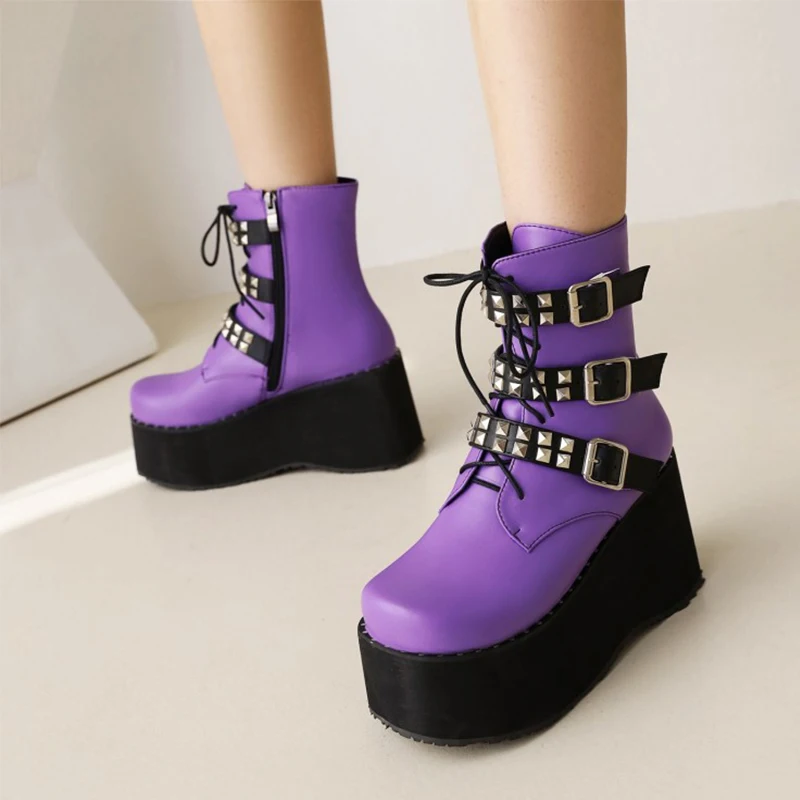 Women Boots Slip On  Rivet Designer  Ankle Boots Thick Heel Platform Heightened Purple Round Toe Fashion Martin Boots 2021