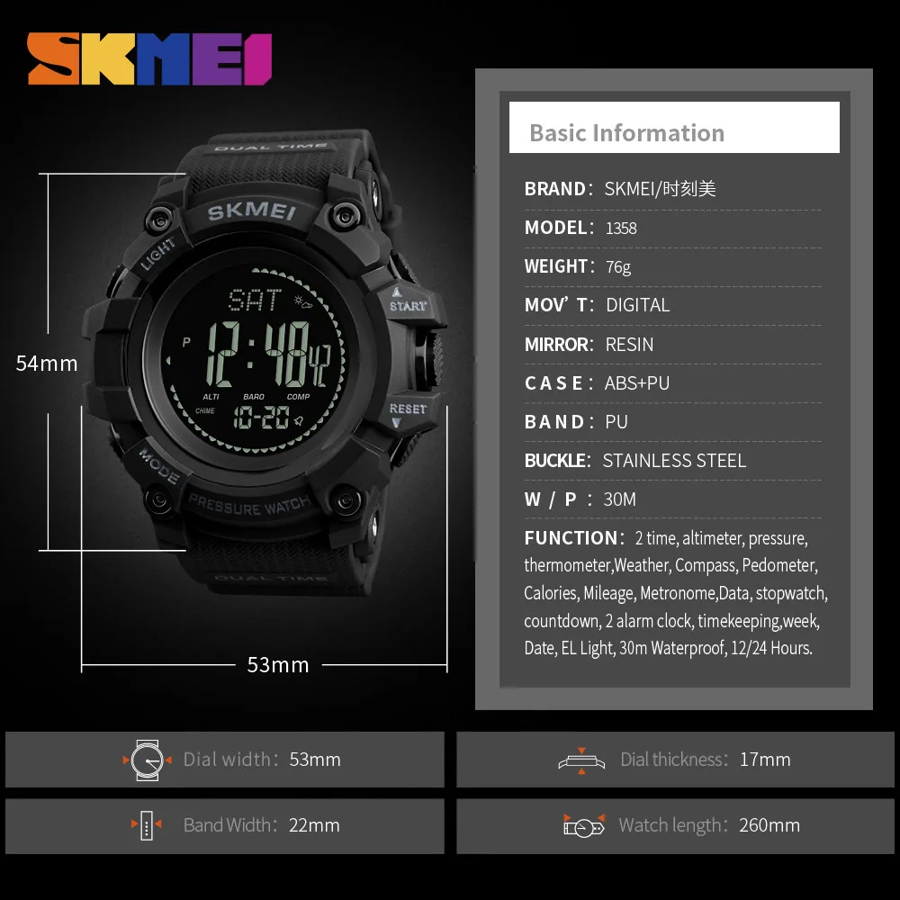 

SKMEI Outdoor Watches Mens Pressure Compass Sport Digital Wristwatches Altimeter Weather Tracker Waterproof Reloj Hombre