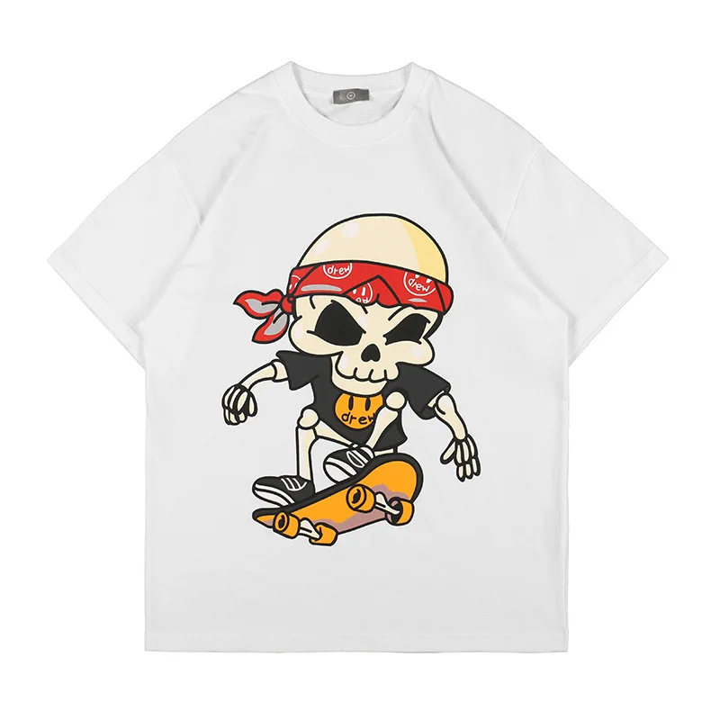 

2021 Summer New Skateboard Skeleton Boy Vintage Hip Hop Casual Round Collar Short Sleeve T-Shirt for Men Women Tshirt Cartoon