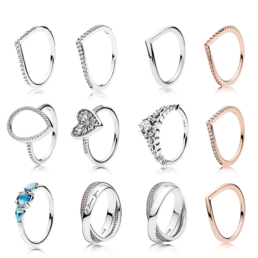 

925 Sterling Silver Ring Rose Wish Bone Ring Stack With Crystal Rings For Women Wedding Party Pandora Jewelry