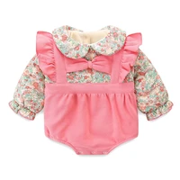 winter baby girls bodysuit peter pan collar long sleeves floral print velvet jumpsuit newborn casual clothes with bow 0 2y
