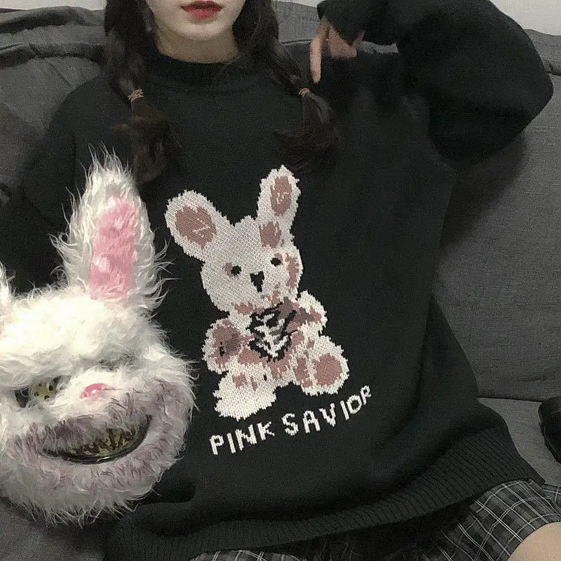 

Autumn Winter Harajuku bunny Knitting Sleeve Sweater Casual Long Women Tide Printed Sweater Loose Boyfriend Pullover Gothic punk