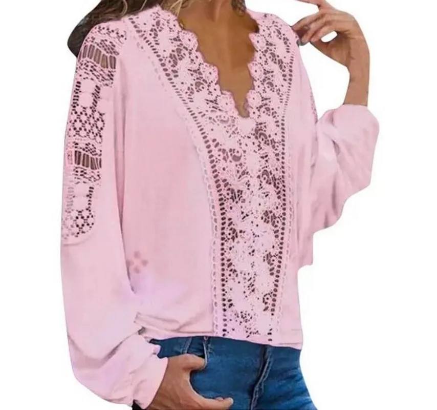 

2021 New Style Large Size Loose Lace Women Blouses Autumn Blouses High Quality Fashion Sexy V-neck Lace Long Sleeve Women Shirts