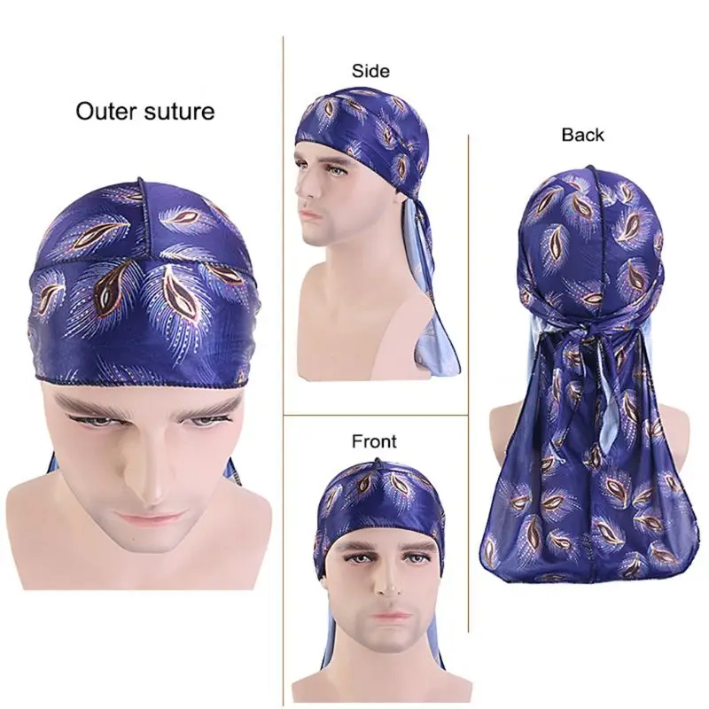 

Unisex Imitation Silk Durag Pirate Cap Floral Feahter Print Long Tail Turban Hat
