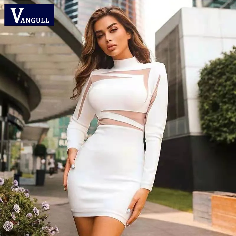 

Vangull Long-Sleeved Round Neck Contrast Color Fashion Bag Hip Temperament Dress 2021 New Spring Women Sexy Solid Knitted