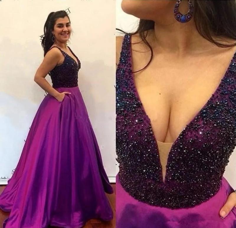 

Соблазнительные вечерние платья с V-образным вырезом, украшенные бисером, с карманами, а-силуэт, атласное длинное платье для выпускного вече...