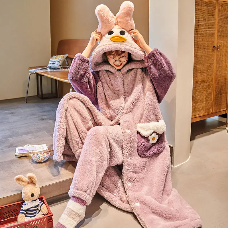 Autumn and Winter Robe Female Thickened Models Coral Fleece Pajamas Female Suit Home Wear Plus Velvet Facecloth Warm Sleepwear