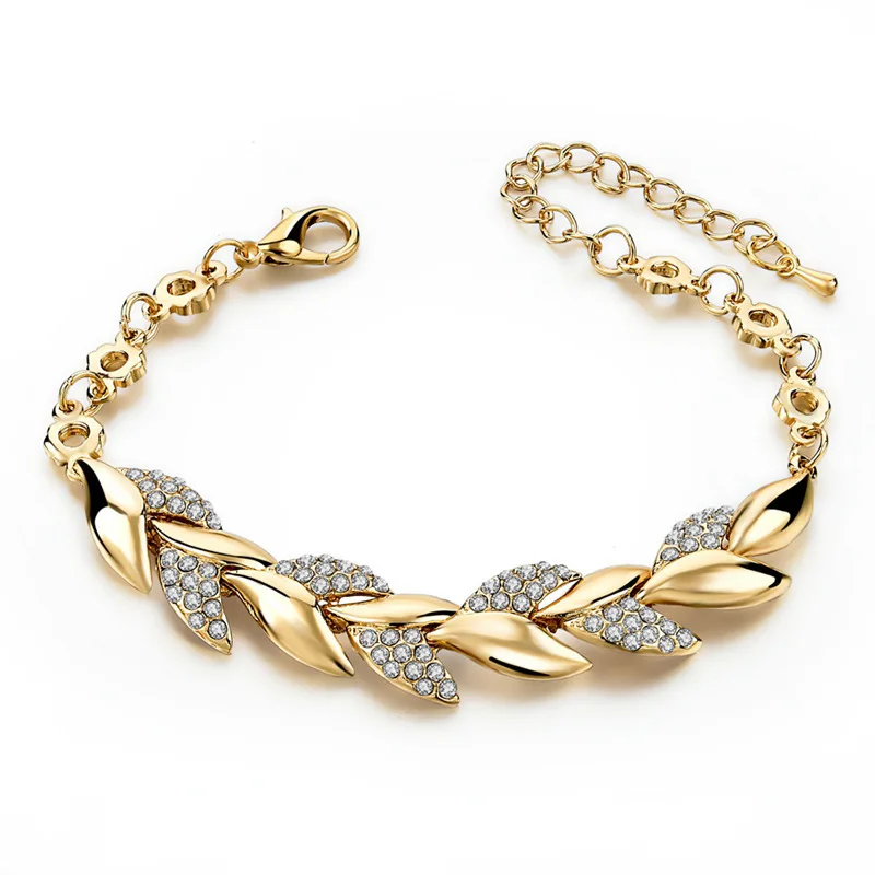 

European And American Pop Atmospheric Elegant Alloy Inlaid With Diamond Fashion Jewelry Leaf Golden Bracelet Female