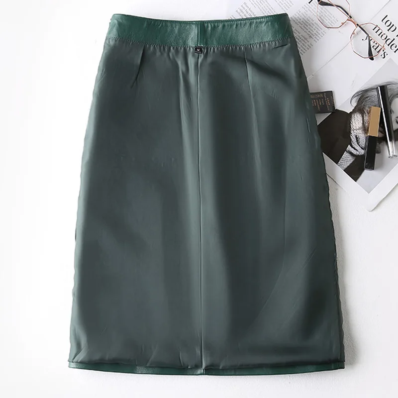 Chic Clothes Women Spring Femme Genuine Leather Wrinkled Wrap Skirt Mujer OL Thin Knee High Bodycon Dark Green/Black Saia Midi