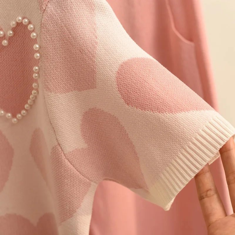 

2 Piece Set Women Knit Outfits Love Heart Short Sleeve O-neck Tops + Lace Up Waist Ankle Harem Pants Set 2020 New Two Piece Set