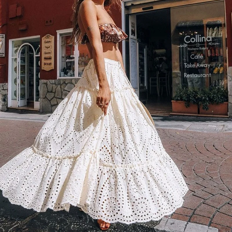 

Maxi High Waist Hollow Lace-up Skirt for Women 2021 Summer Bohemian White Fashion Sexy Beach Party Cotton Long Skirts Female