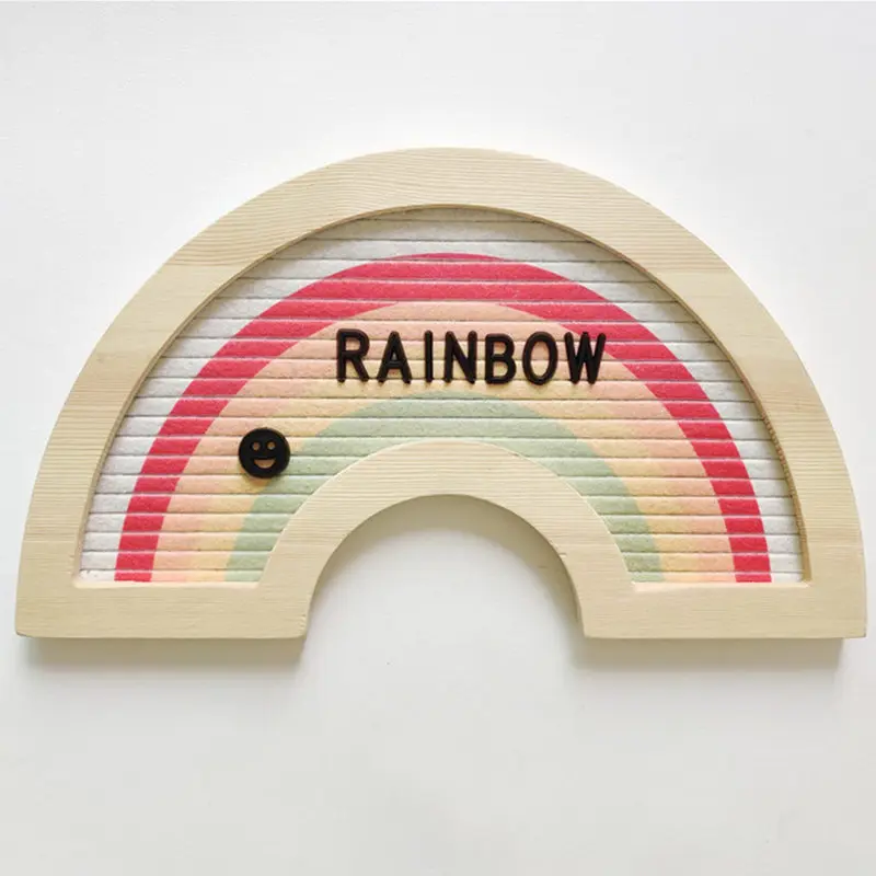 Tablero de letras de fieltro arcoíris hecho a mano, marco de madera con letras intercambiables, símbolos, tableros de mensajes, decoración de pared de granja