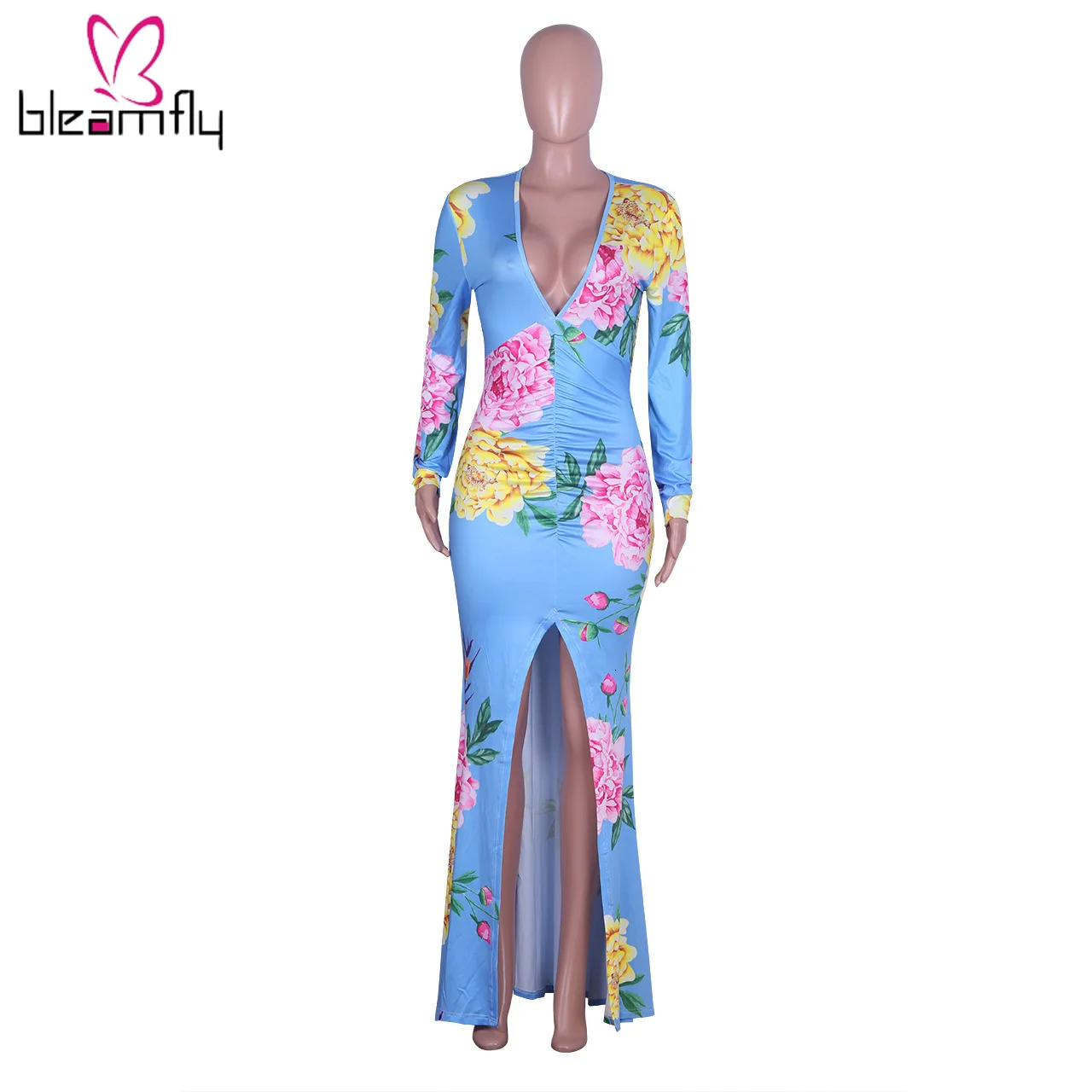 2019 женское осеннее платье с глубоким v образным вырезом и высоким разрезом