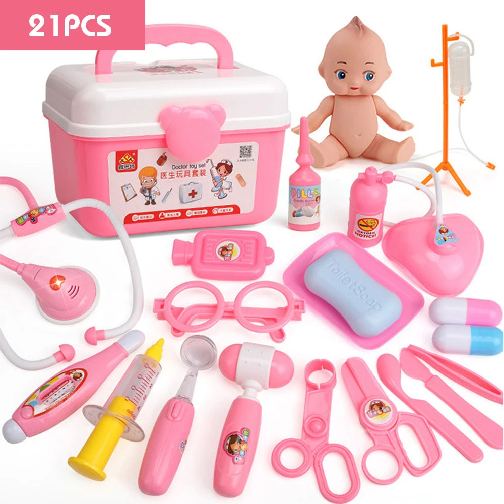 21PCS Pink 21-39 шт., детские игрушки для ролевых игр, набор для доктора, медицинский набор для моделирования с портативным чемоданом, игрушки для ролевых игр для девочек, инструмент для зубного врача - Цвет: 21PCS Pink