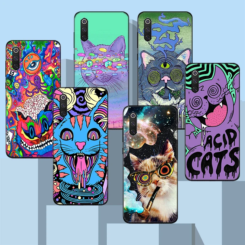 

Colourful Psychedelic Cat Trippy Black Phone Case For Xiaomi Redmi Note 10 Pro 10S 9S 8T 7 8 9 9A 9C 9T 8A 7A 6A 5 6 Cover Capa