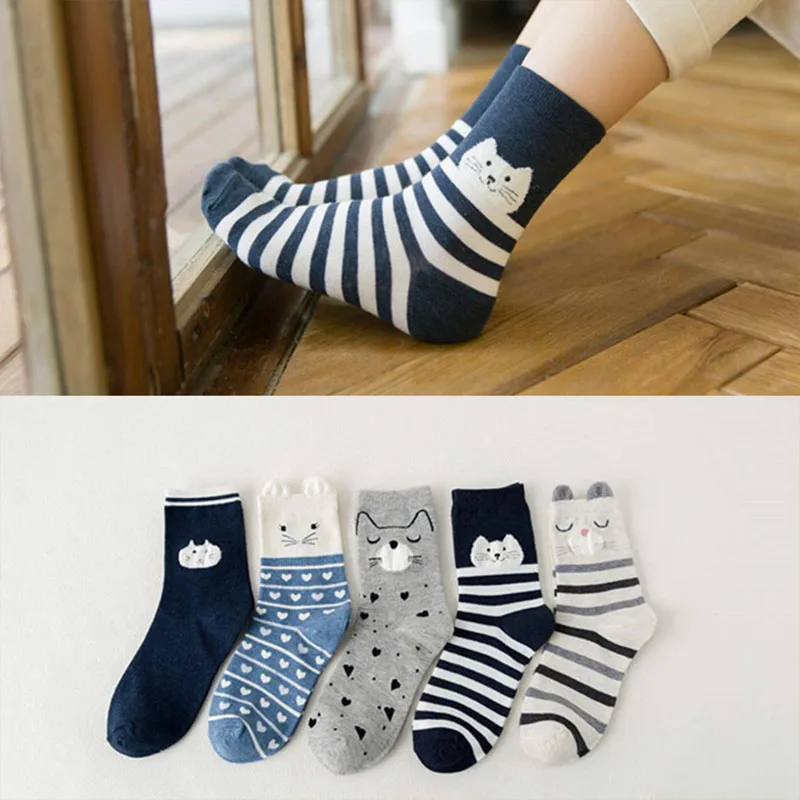 

1 Pack Of 5 Pairs Of Women's Socks Sets Cute Cartoon Cat Pattern Socks Cotton Knitting Casual Comfortable Home Women Socks Sets