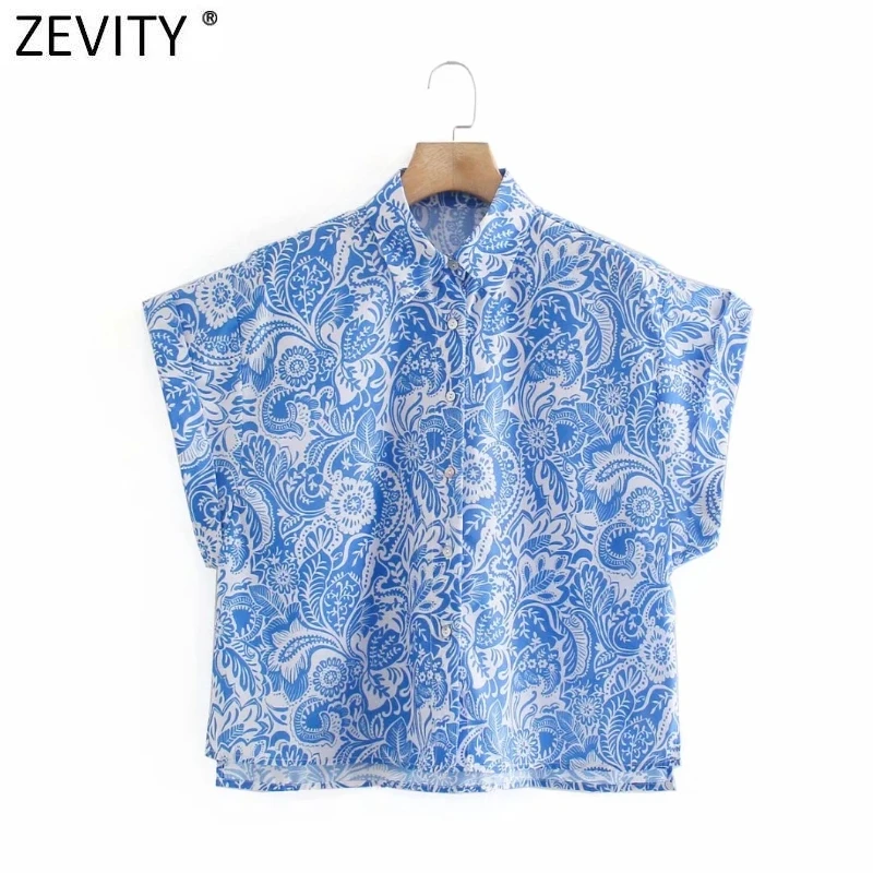 

Zevity New Women Turn Down Collar Blue Floral Print Shirts Female Short Sleeve Side Split Blouse Roupas Chic Chemise Tops LS9374
