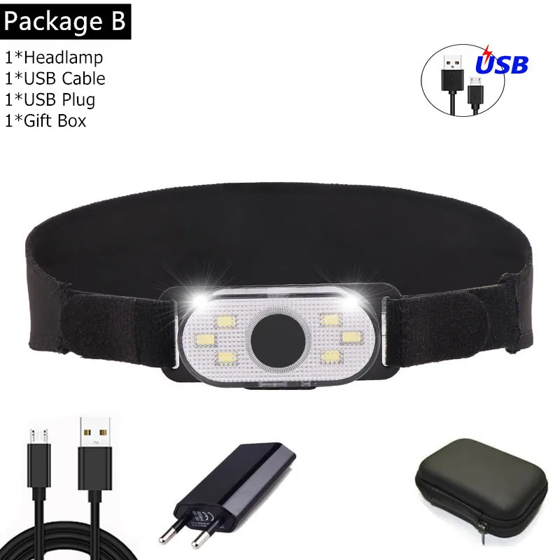 Package B 6000LM COB+ красный светодиодный головной светильник USB Перезаряжаемые налобный фонарь с Красный светильник на клипсе; крепящиеся к шляпе; головной светильник со встроенным Батарея - Испускаемый цвет: Package B