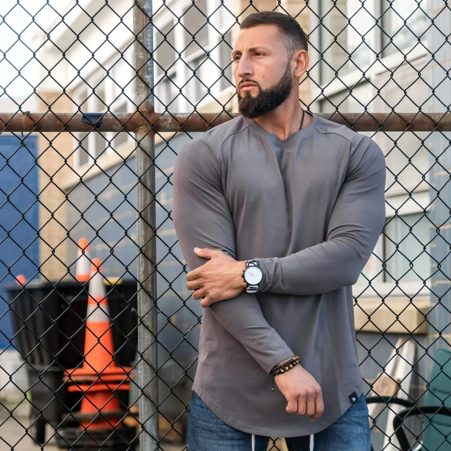 

Autumn and Winter Sports Pure Cotton Men's Tide Fitness T-shirt Running Training Basketball Uniform Round Neck Slim Solid Color