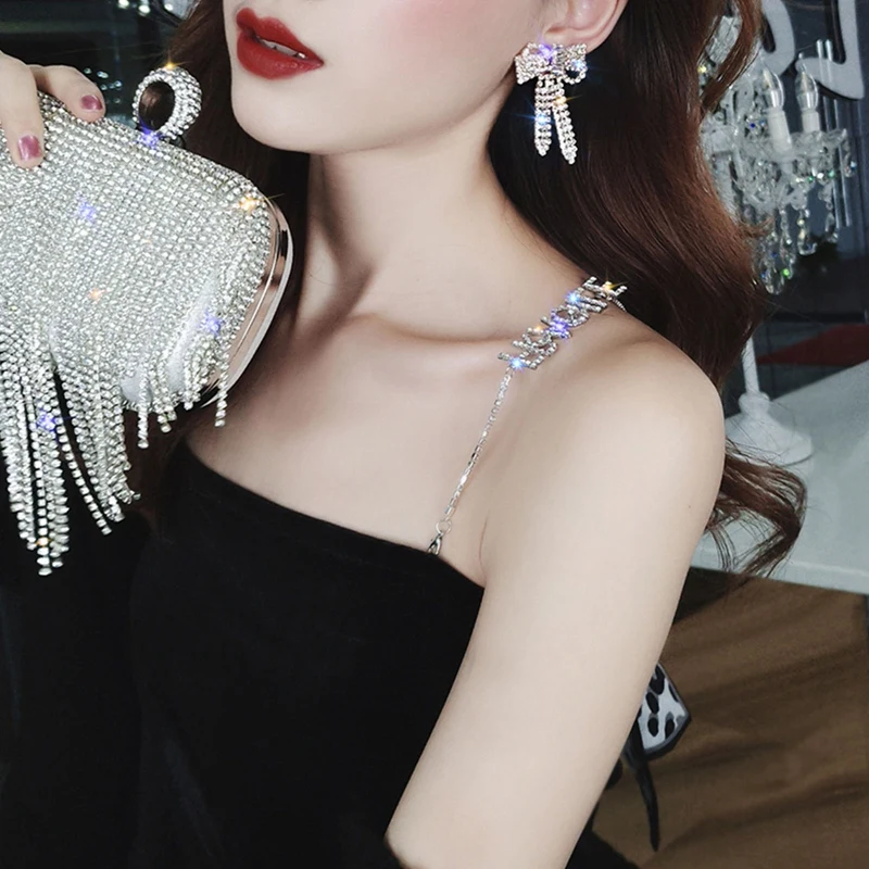 

European And American Fashion Atmospheric Bow Inlaid Crystal Earrings Girls Tassel Hanging Earrings Girls Earrings Jewelry 2021