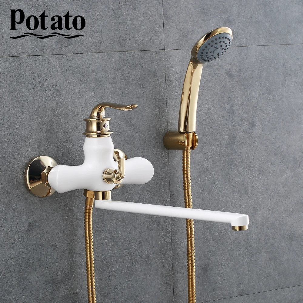 potato bathroom faucet chrome hot and cold water outlet pipe bath mixer with abs shower head p22219 free global shipping