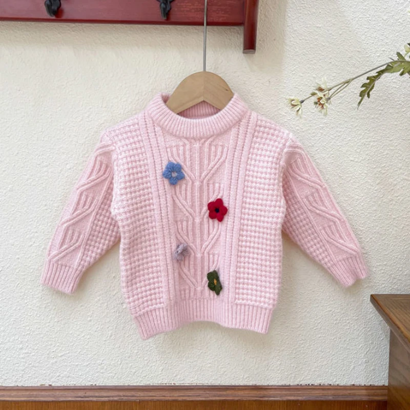

Вязаные свитера для маленьких девочек, пуловеры с цветочным рисунком, белая, розовая хлопковая зимняя одежда, новинка 2021, милые свитера для ...