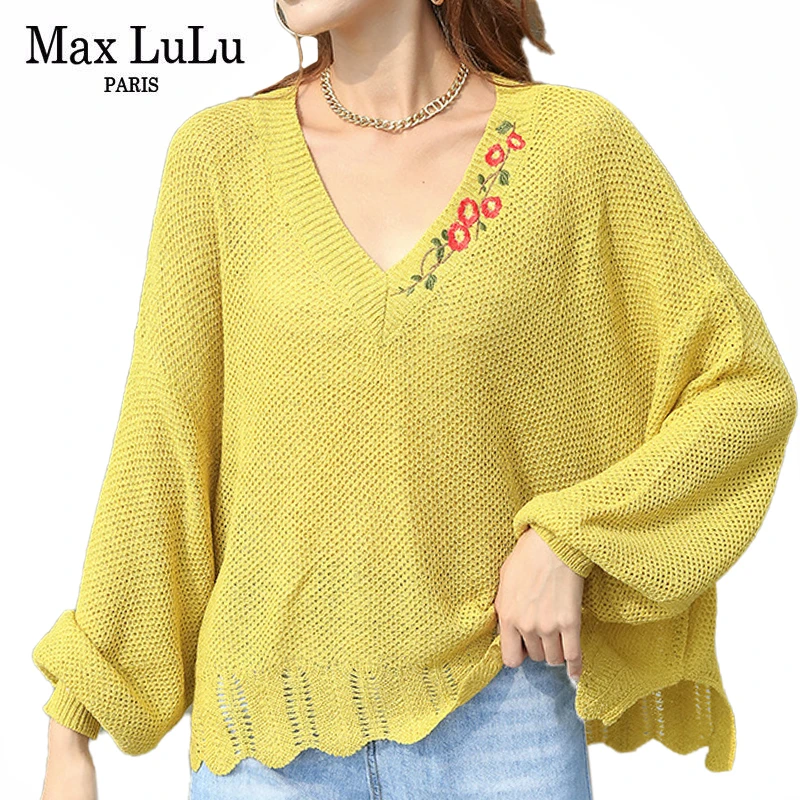 Max LuLu 2020 Autumn Fashion Chinese Womens V Neck Pullovers Ladies Embroidery Casual Sweaters Loose Oversized Knitted Jumpers | Женская