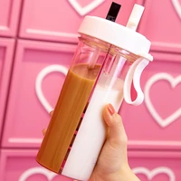 brand creative double straw water bottle for school water drinking bottle with straw fitness bpa free bottle for girl kids