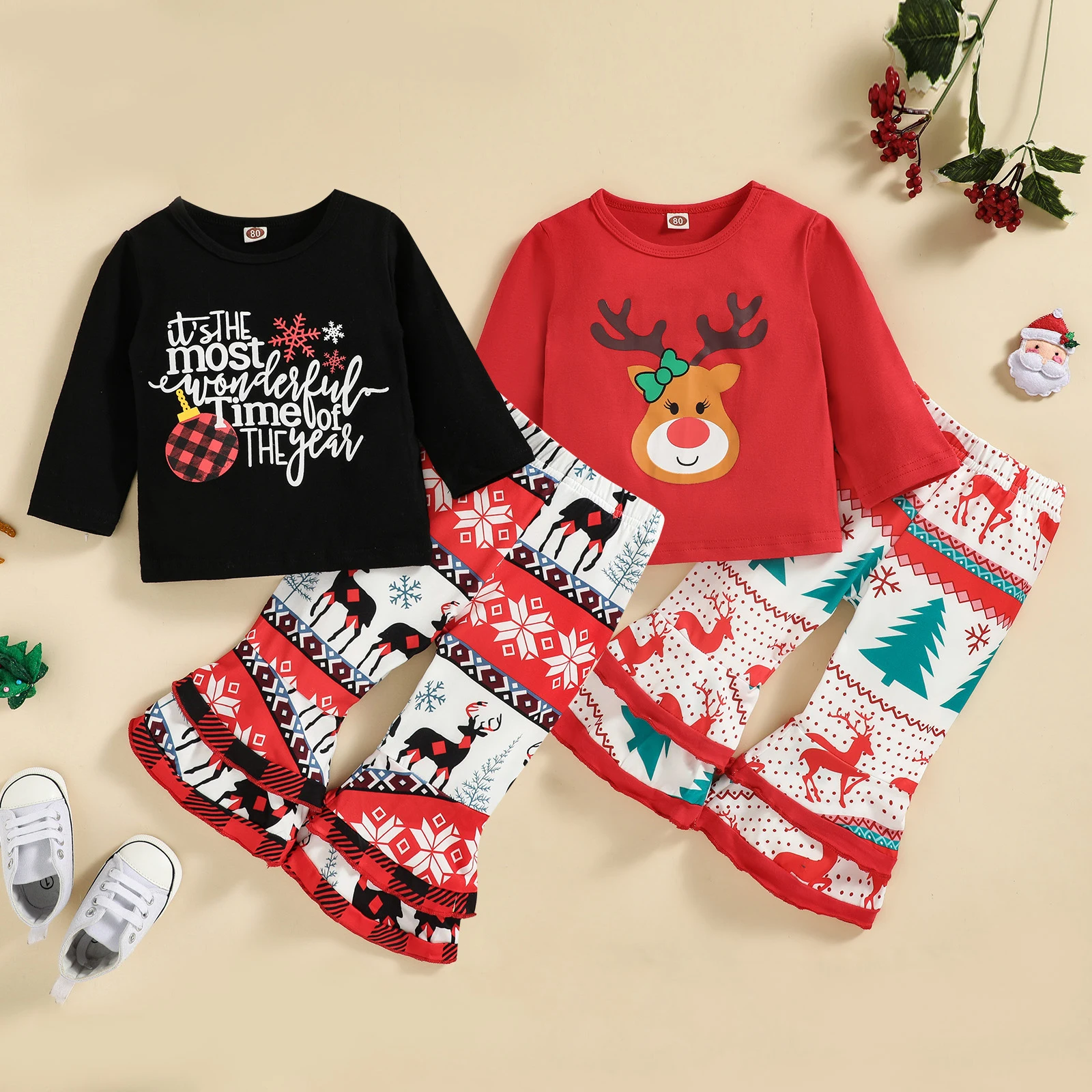 

2Pcs Christmas Autumn Cotton Outfits Baby Girls Printed O-Neck Long Sleeves Tops Ruffle Bell-Bottom Pants 6 Months to 4 Years