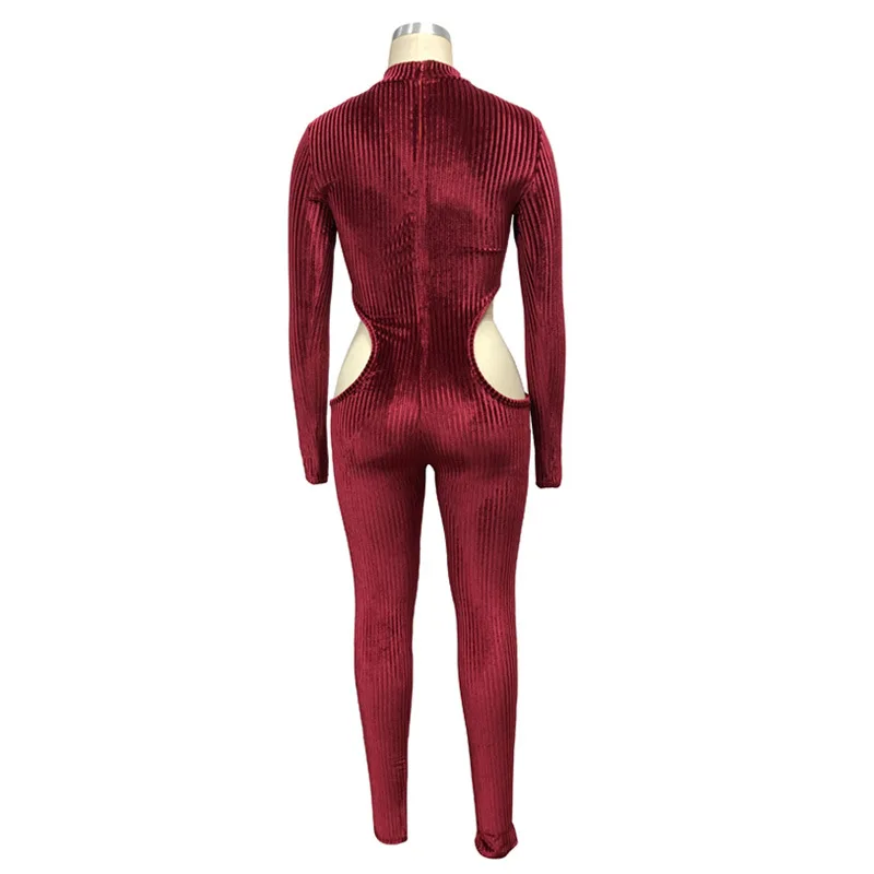 

Waist Band Cut Out Sexy Velvet Jumpsuit Women Elegance Solid Skinny Long Sleeve Bodysuit Stand Collar One Piece Ladies Jumpsuits