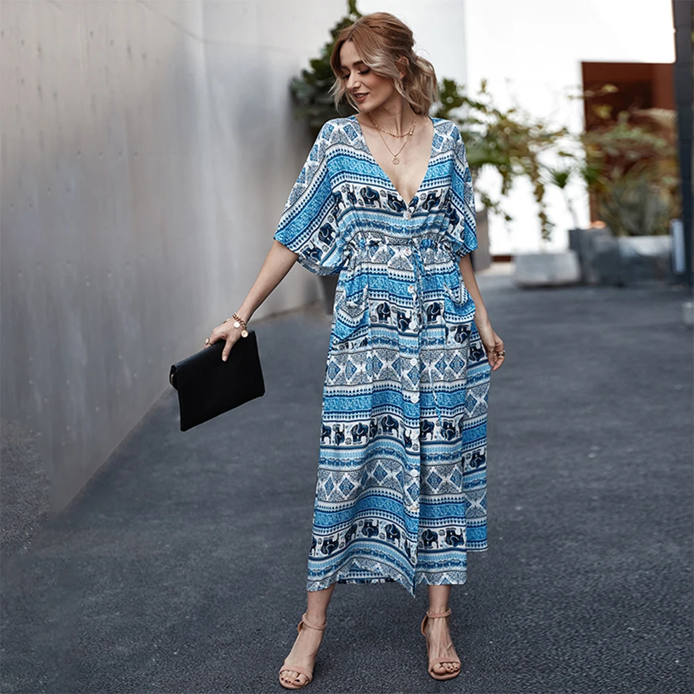 

Fashion Ladies Spring Summer Sexy Deep V Neck Long Dress Women 2021 New A-line Bohemian Print Half Sleeve High Waist Long Dress