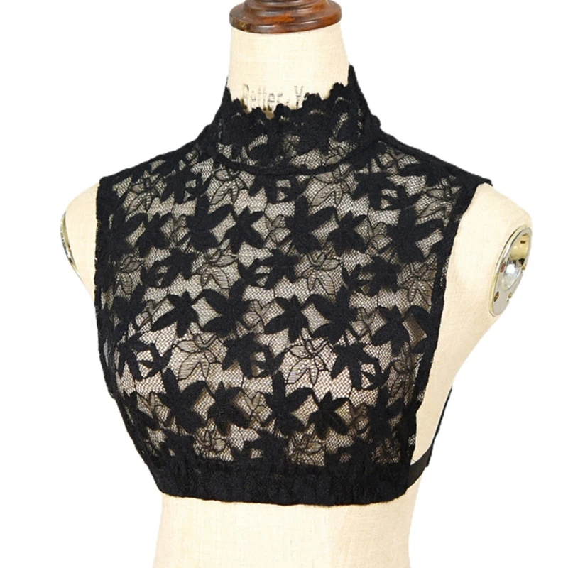 

Women Maple Leaf Lace False Fake Collar Turtleneck See-Through Mesh Detachable Half Shirt Decorative Pullover Bottoming Crop Top