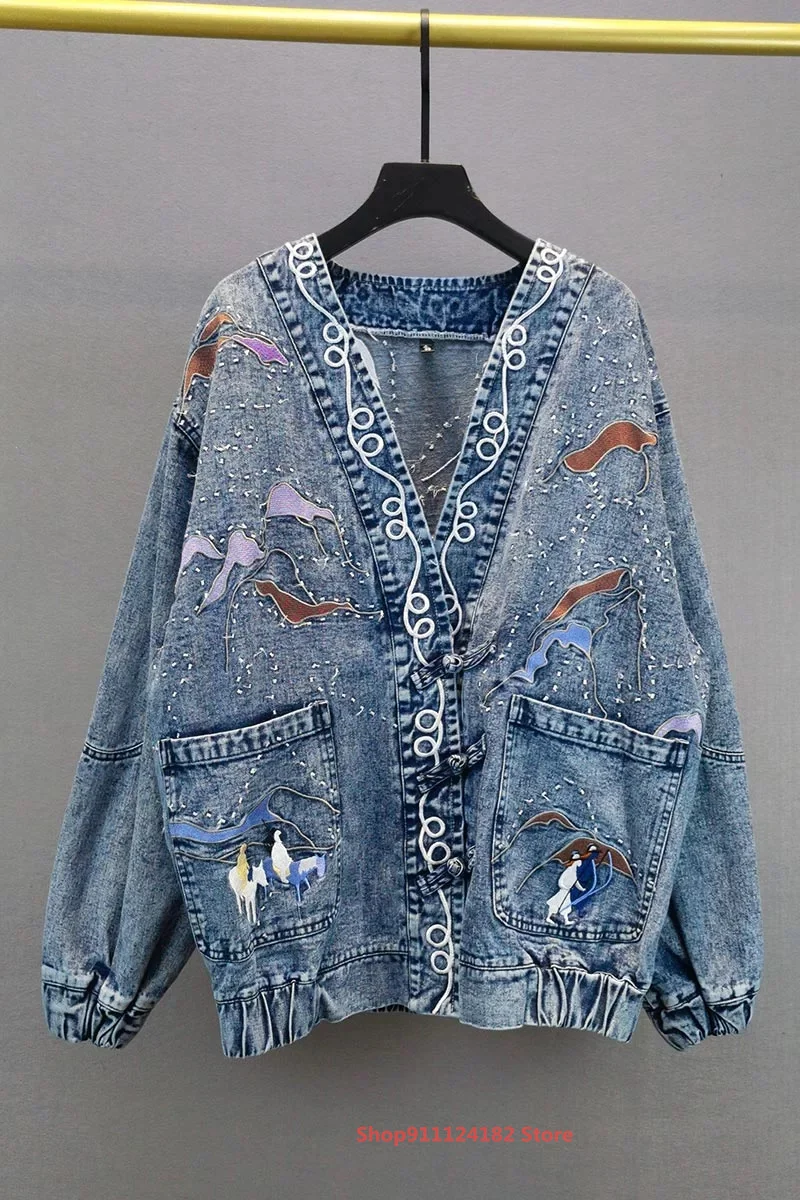 

Loose Plus Size Embroidered Denim Jacket Women New Spring And Autumn New European goods V-neck Long-Sleeved Mid-Length Top