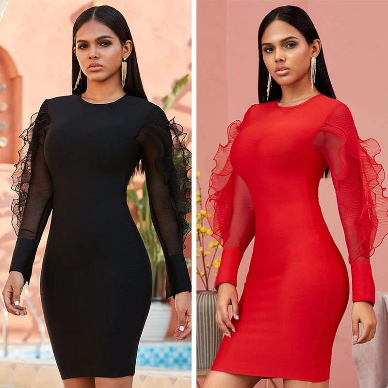 

Sesidy Women Butterfly Sleeve Bodycon Bandage Dress Sexy Red Longsleeve Mini Club Celebrity Evening Runway Party Dresses