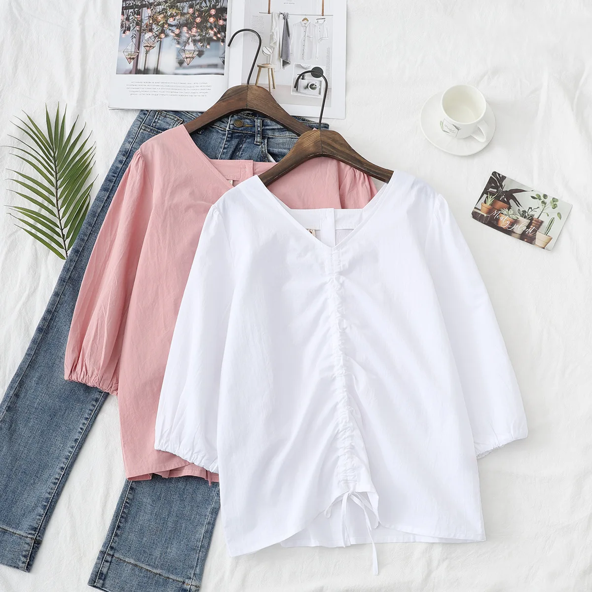 

New Summer Fashion Chic V Neck White Blouse Shirts Women Simple Three Quarter Puff Sleeve Drawstring Slim Shirts Female Pullover