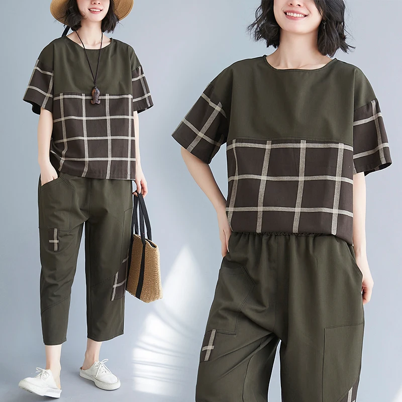 

Летнее платье из хлопка и льна комплект из двух предметов Топ и штаны размера плюс, в клетку, свободные широкие штаны, комплект модной одежды...