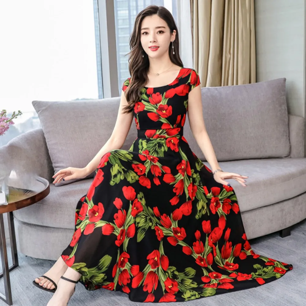 

Women Elegant Oversize Dress O-Neck Short Sleeve Floral Slim Soft Long Skirt Casual Losse Bohemia Beach Prom Wedding Party Dress
