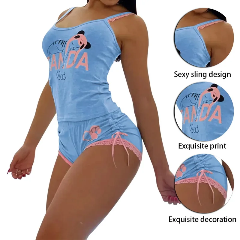 

Ladies Stitching Printed Slim Sexy Round Low Neck Sleeveless One-piece Comfortable High-quality Home Wear Pajamas