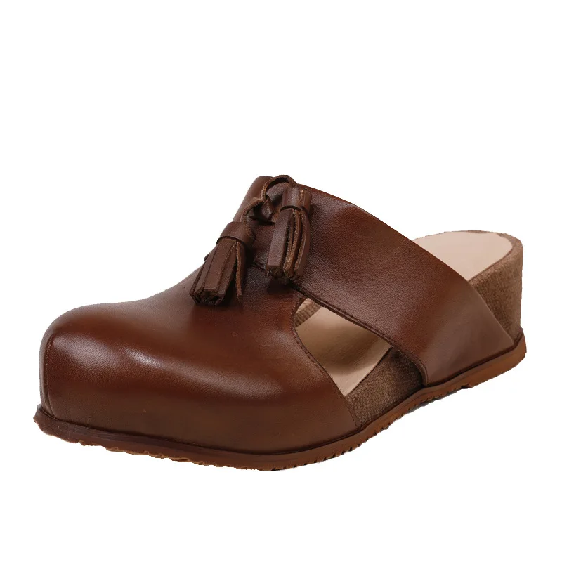 

Johnature Women Slippers Genuine Leather 2021 New Spring Summer Outside Wedges Fringe Slides Handmade Retro Ladies Sandals