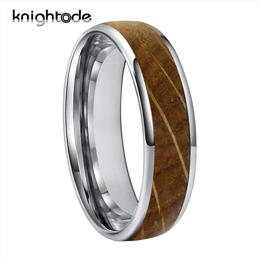 

6mm Silvery Tungsten Carbide Rings for Men Women Wedding Bands Whiskey Barrel Oak Wood Inlay Dome Polished Comfort Fit